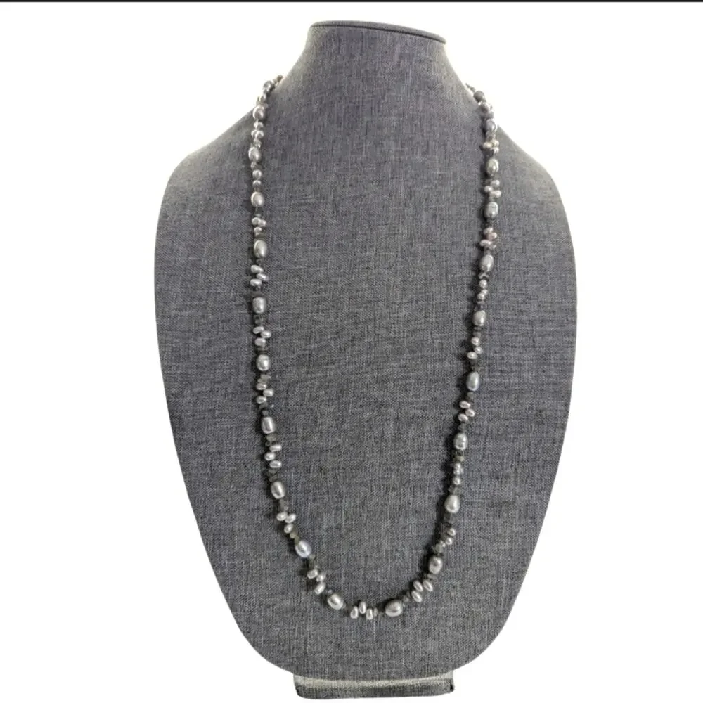 Stunning Silver Freshwater Pearl Quartz Chip Long Sterling Silver Clasp Necklace